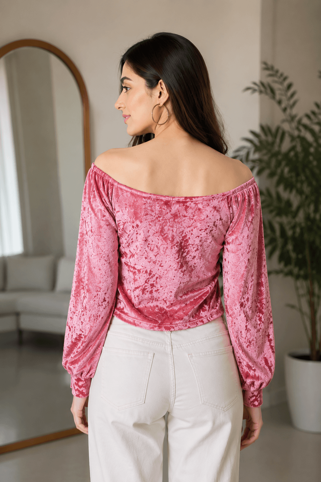 Pink Velvet Long Sleeve Square Neck Top