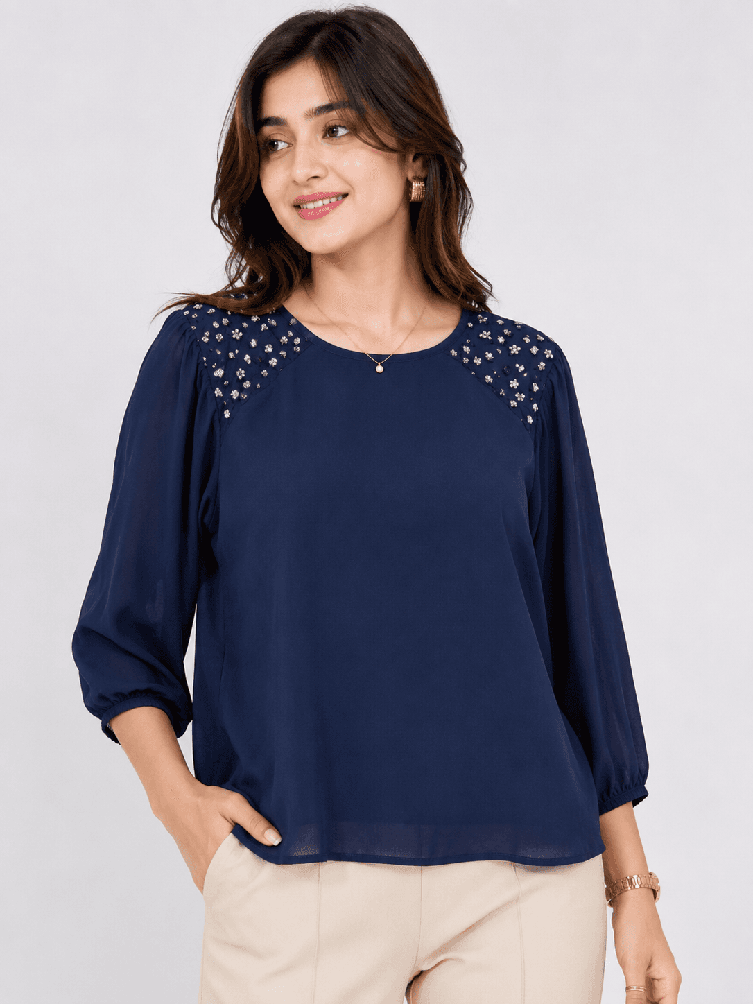 Embellished Shoulder Chiffon Top