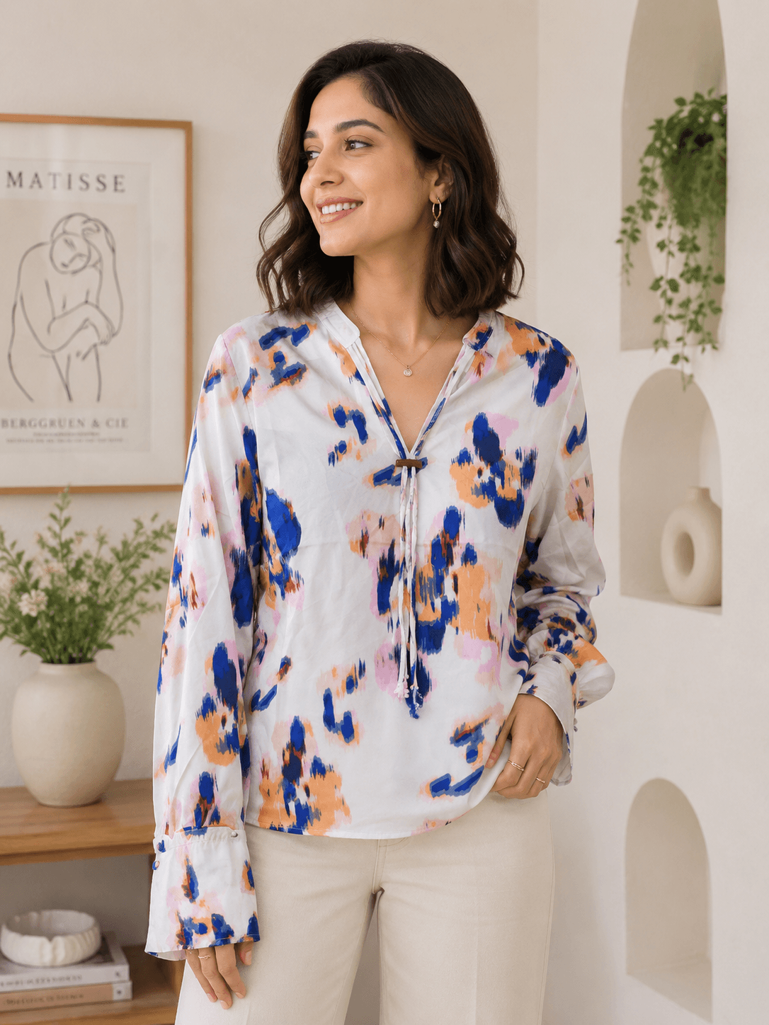 Abstract Ikat Print Tie-Neck Top