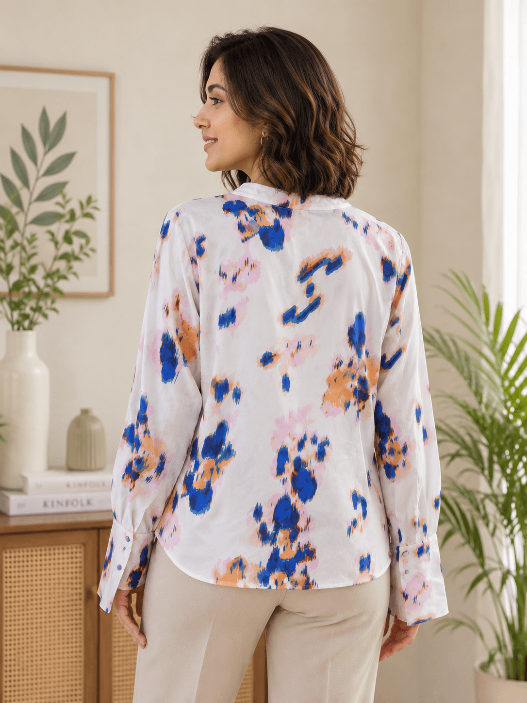Abstract Ikat Print Tie-Neck Top
