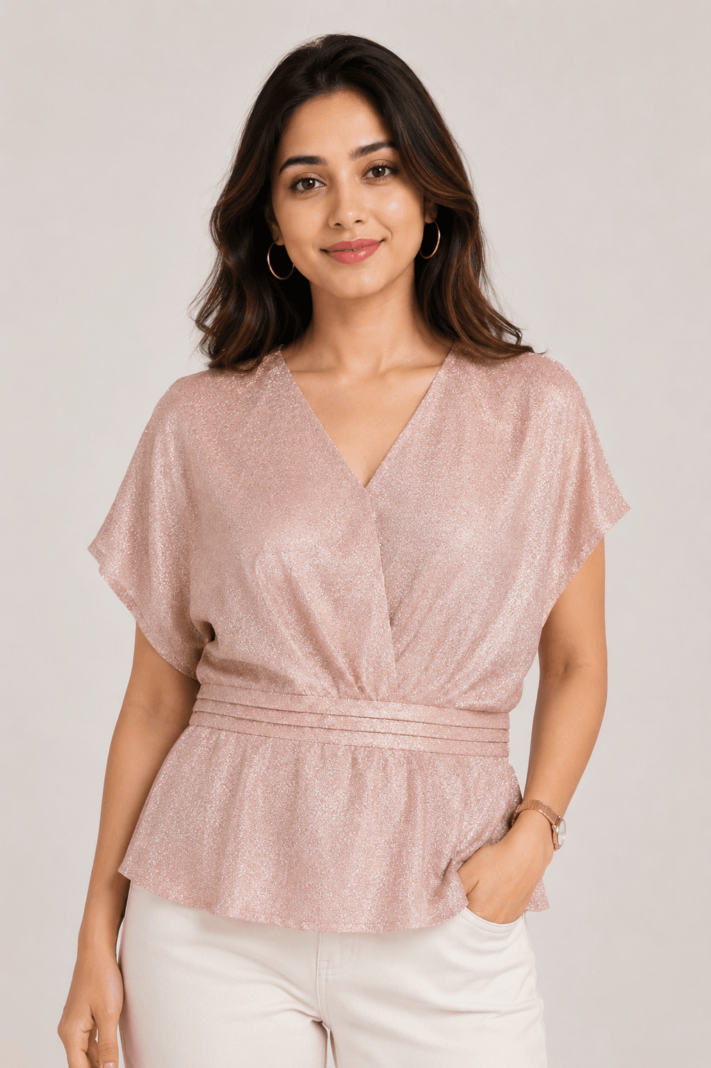 Rose Gold Shimmer V-Neck Peplum Top