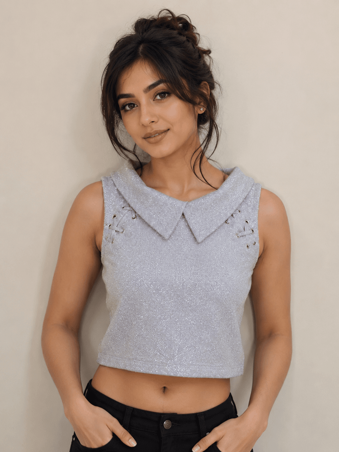 Metallic Grey Collared Crop Top