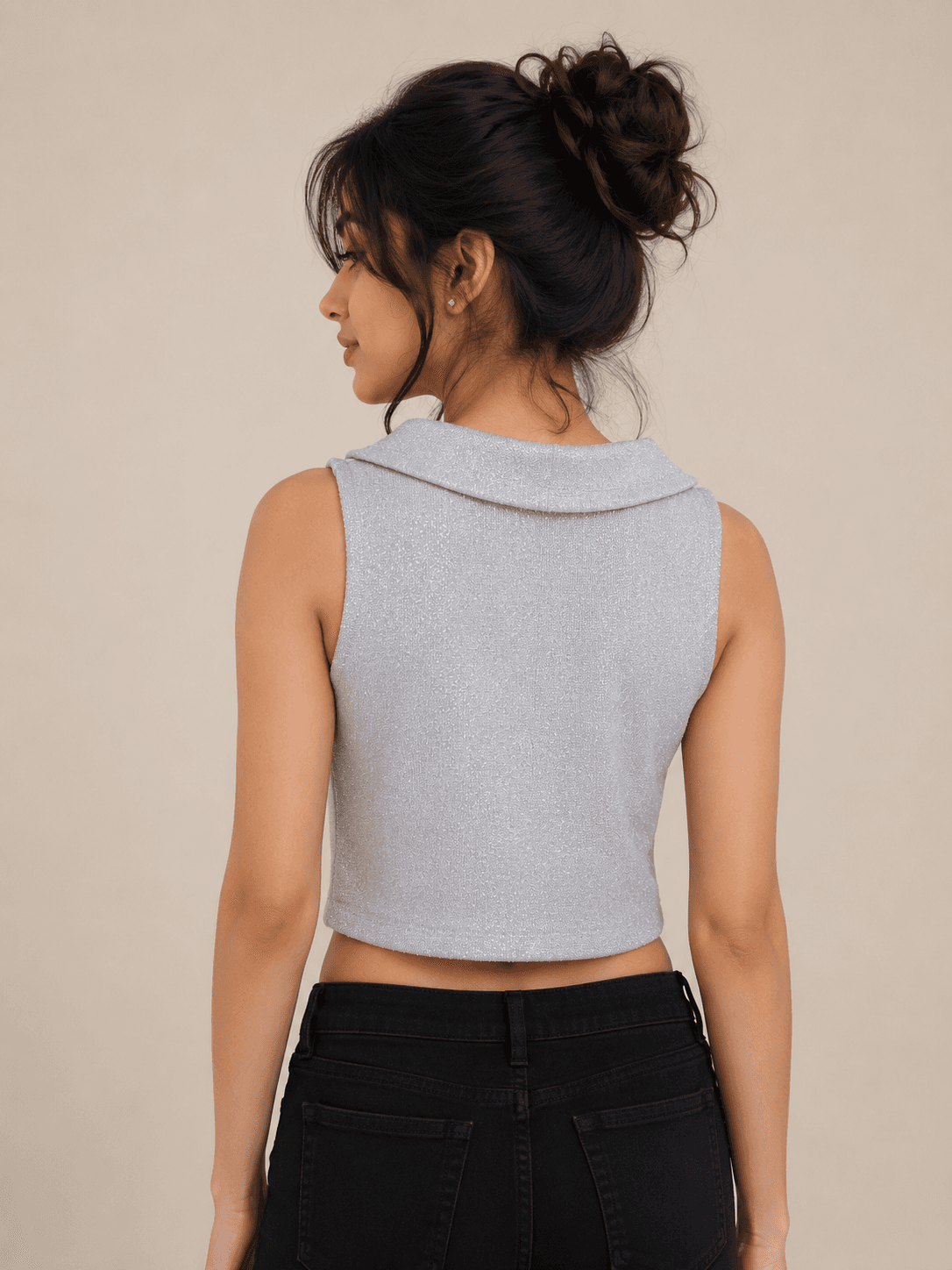 Metallic Grey Collared Crop Top