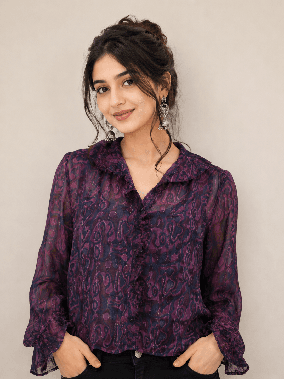 Abstract Print Ruffle Top
