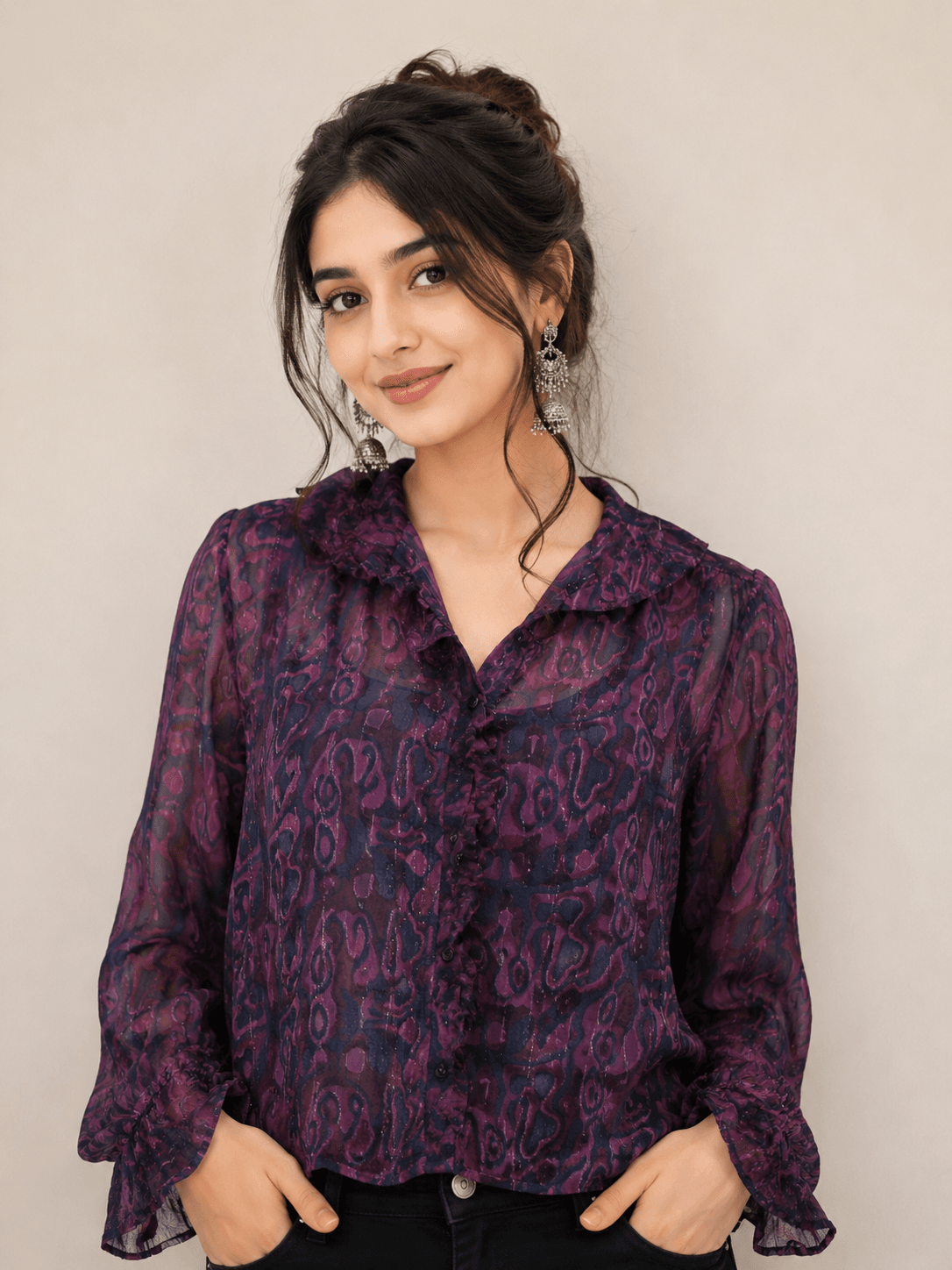 Abstract Print Ruffle Top