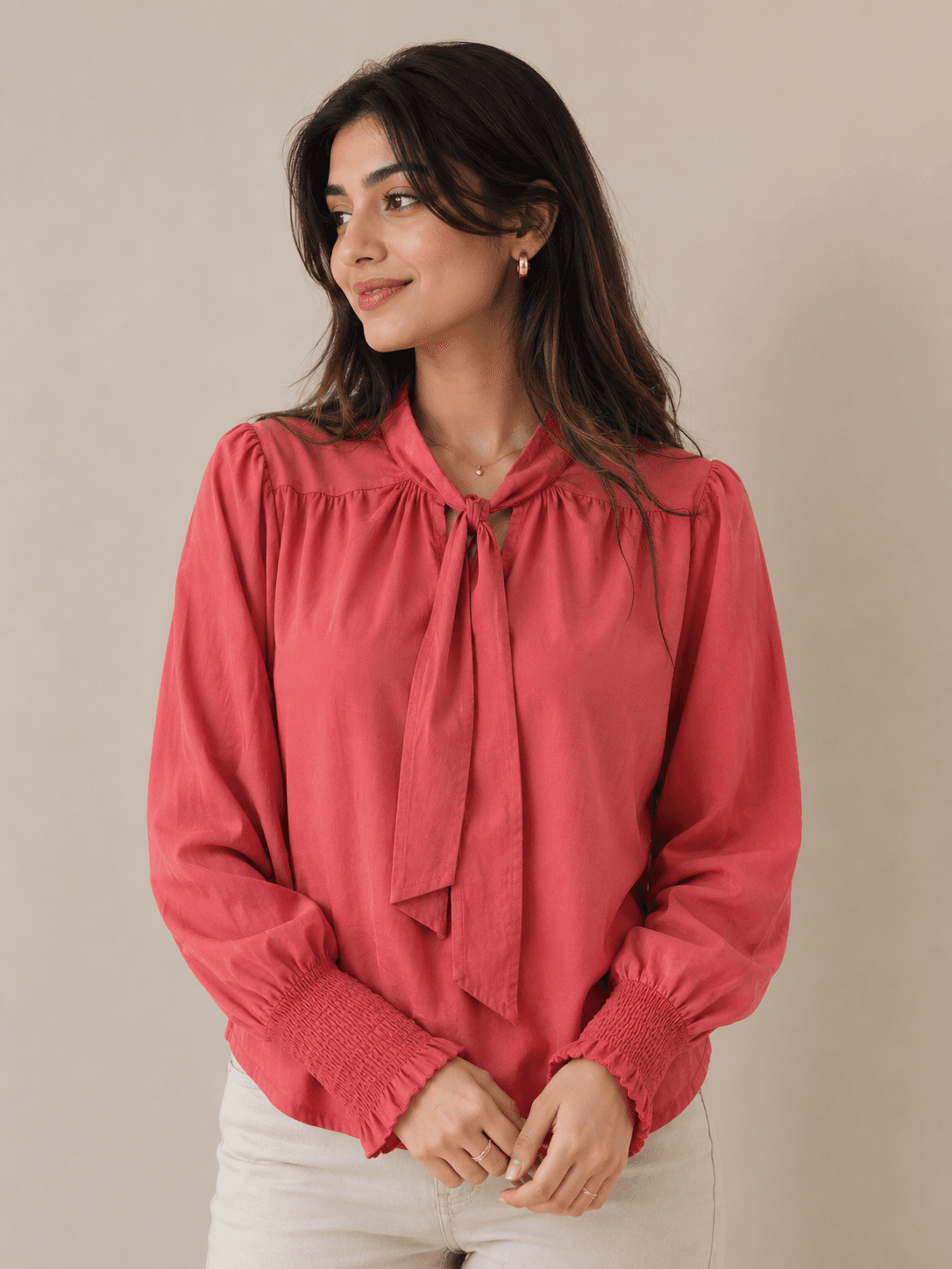 Solid Tie-Neck Blouse with Smocked Cuffs