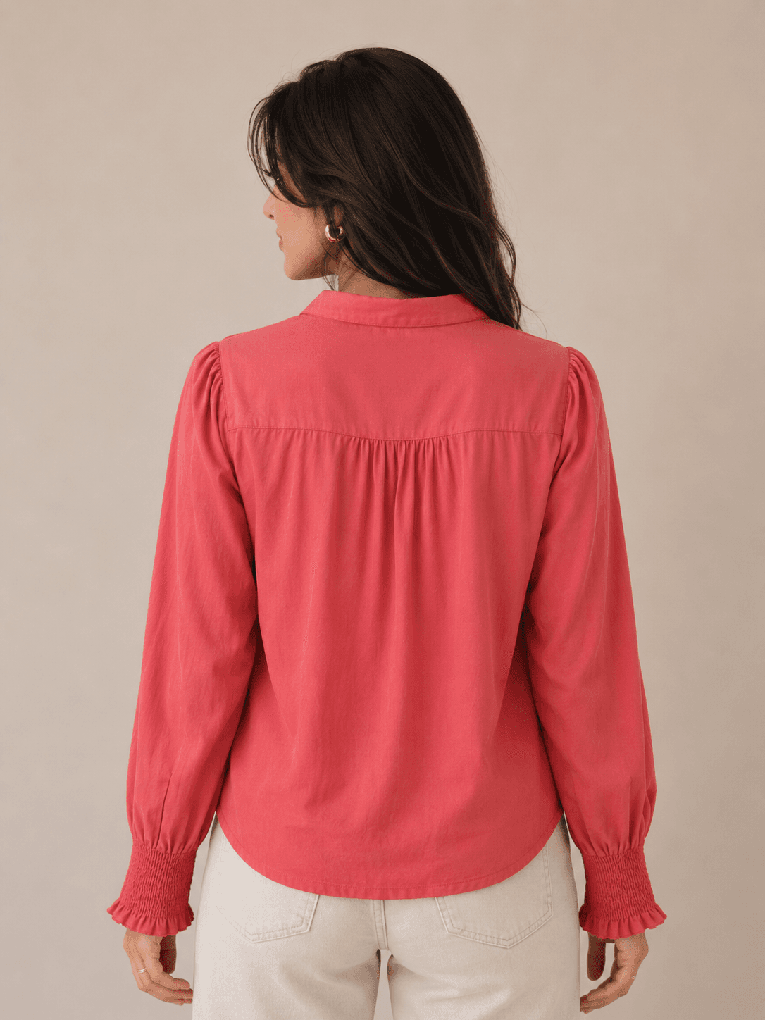 Solid Tie-Neck Blouse with Smocked Cuffs