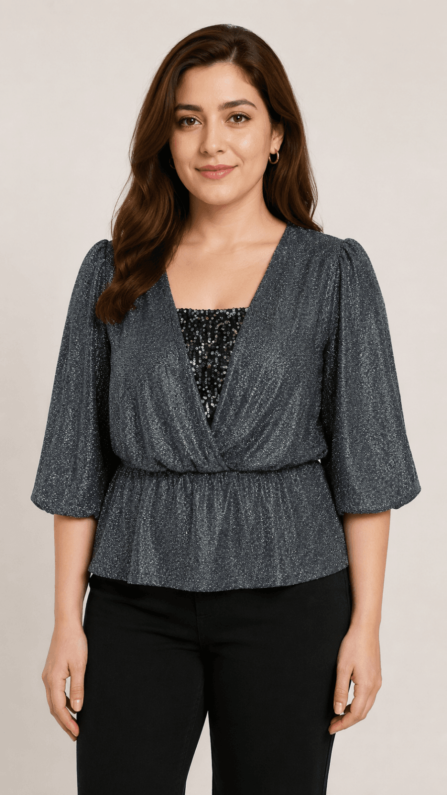 Metallic Charcoal Shimmer Peplum Top